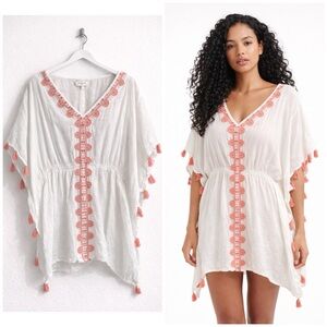 World Market White & Pink Tassle Embroidered Bathing-suit Coverup Dress One Size